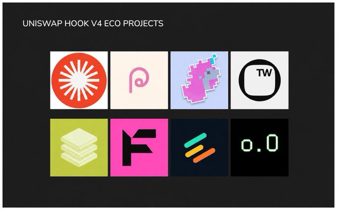 The image displays a grid of eight logos representing "UNISWAP HOOK V4 ECO PROJECTS," showcasing various tools and platforms (including a sunburst icon, a seahorse, a puzzle piece, a "TW" emblem, a stacked layers design, a pink "F," a multi-color symbol, and "0.0") that exemplify the diverse ecosystem of programmable liquidity built around Uniswap V4's customizable hook architecture.