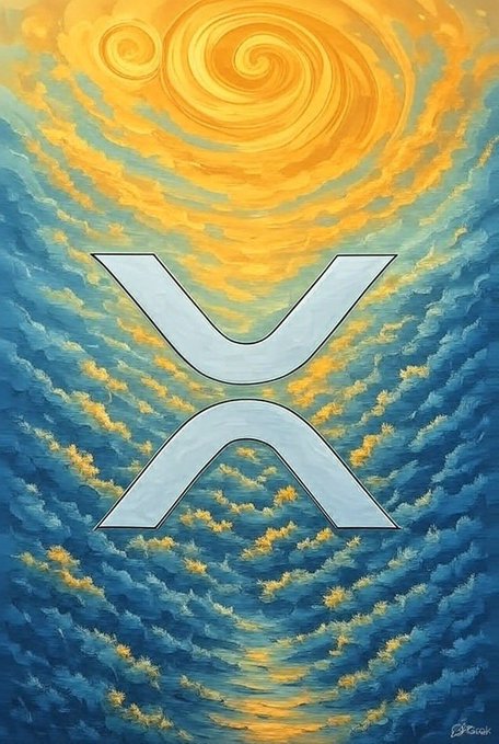 A digital artwork featuring the XRP cryptocurrency logo overlaid on a swirling, Van Gogh "Starry Night"-style background of yellow and blue skies.