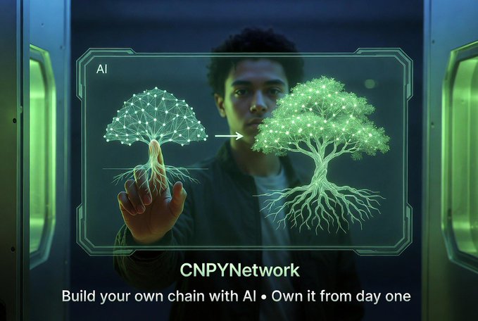 A young man interacts with a futuristic AI interface showing a digital tree with glowing nodes transforming into a more lush tree, with text reading 'AI', 'CNPYNetwork', and 'Build your own chain with AI • Own it from day one'.