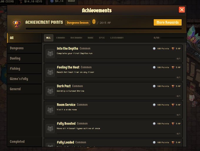 The image shows the Achievements menu from the game Cambria, displaying a "Dungeons Season" tab with 0/2615 AP (Achievement Points) and listing common achievements like "Into the Depths," "Feeling the Heat," and "Room Service," each worth 100 Points and 5 HP (presumably a currency). This screenshot illustrates the new achievements system mentioned in the post, which ties earning Achievement Points to unlocking features like baitless Fishing at 15 AP.