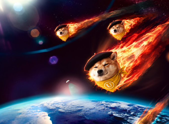 A surreal meme image depicting three Shiba Inu dogs wearing berets and yellow scarves flying through space on meteors of fire above Earth.