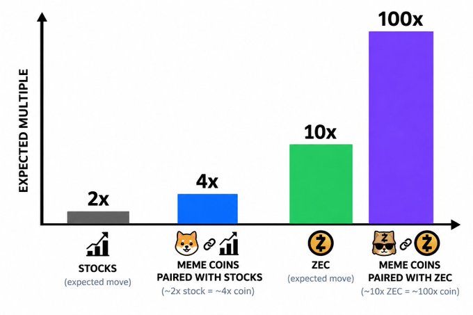 A bar chart compares the 'EXPECTED MULTIPLE' of various assets, showing 'STOCKS (expected move)' at 2x, 'MEME COINS PAIRED WITH STOCKS' at 4x, 'ZEC (expected move)' at 10x, and 'MEME COINS PAIRED WITH ZEC' at 100x.