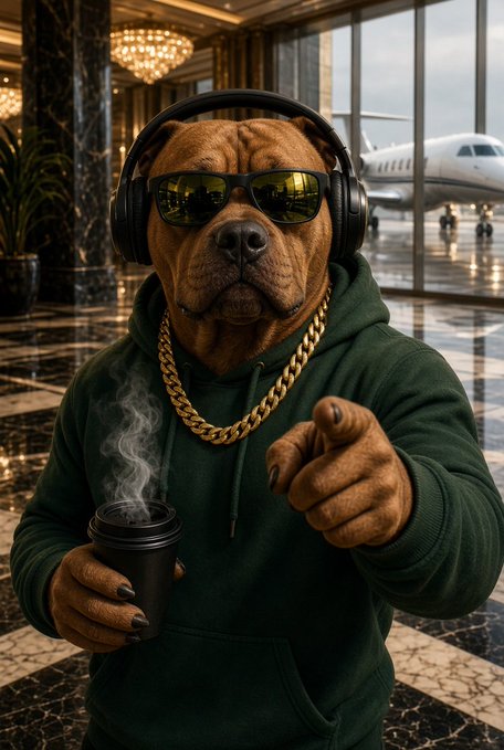 An AI-generated image of a muscular brown dog wearing sunglasses, headphones, a gold chain, and a green hoodie, holding a steaming coffee cup and pointing, with a private jet and chandelier visible in the background.