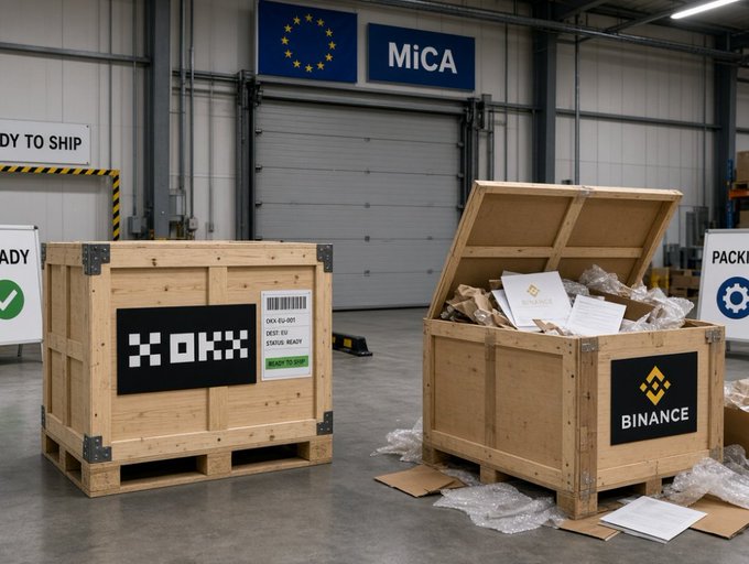 A warehouse scene showing two wooden shipping crates labeled "OKX" and "BINANCE" (cryptocurrency exchanges) with packing materials spilling out, under an EU flag and "MiCA" sign.