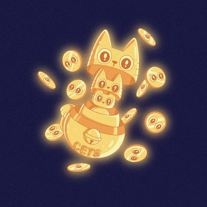 A cute, glowing golden illustration of stacked cartoon cats emerging from a lucky cat-maneki-neko coin bank, surrounded by floating gold coins with faces on a dark background.