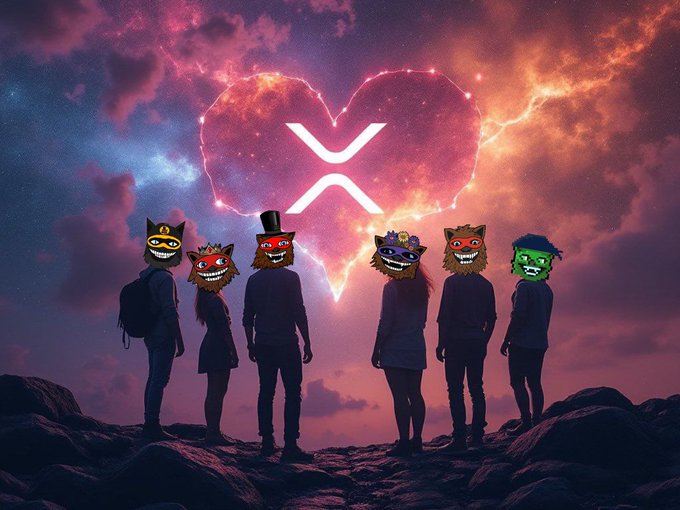 Digital art of five silhouettes wearing colorful masks standing on rocks facing a glowing heart-shaped XRP (Ripple) logo in a cosmic sky.