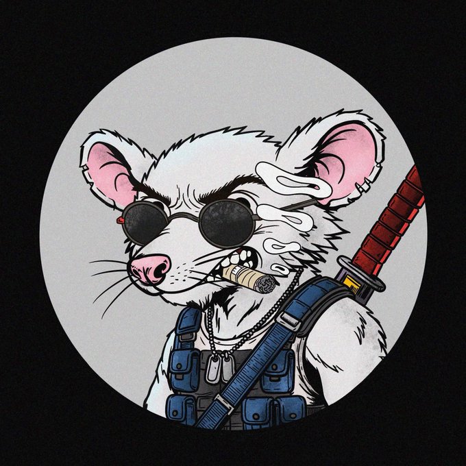 A cartoon illustration of a white rat/mouse wearing round sunglasses, smoking a cigar, with a sword on its back and tactical gear, set in a circular frame.