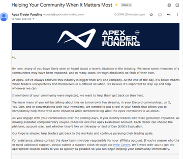 The image shows an email from Apex Trader Funding dated June 13, 2025, announcing a "Helping Your Community When It Matters Most" initiative where the company offers complimentary coupon codes for one free Apex Evaluation Account per affected trader, along with a $100 evaluation discount. The post's caption contextualizes the email as a hollow "captain save" gesture following Apex's alleged denial of payout claims to numerous traders, warning followers not to fall for the upcoming "free apex giveaway" promotion.