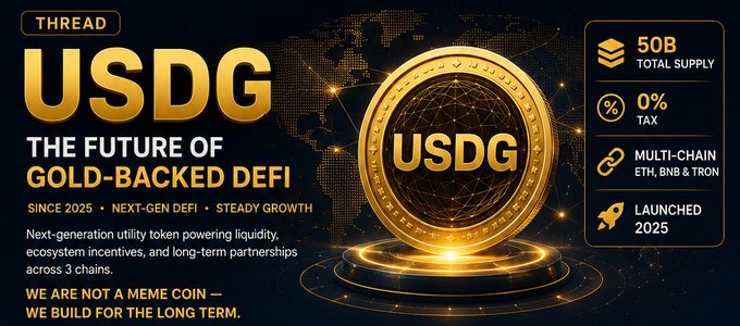 The image features a poster or banner with a gold coin at its center, surrounded by various texts and logos related to cryptocurrency and USDCG. The text on the poster highlights the future of USDCG, emphasizing its potential for growth and the importance of long-term value creation. The focus is on building something that can survive after the initial hype fades away in the crypto market.