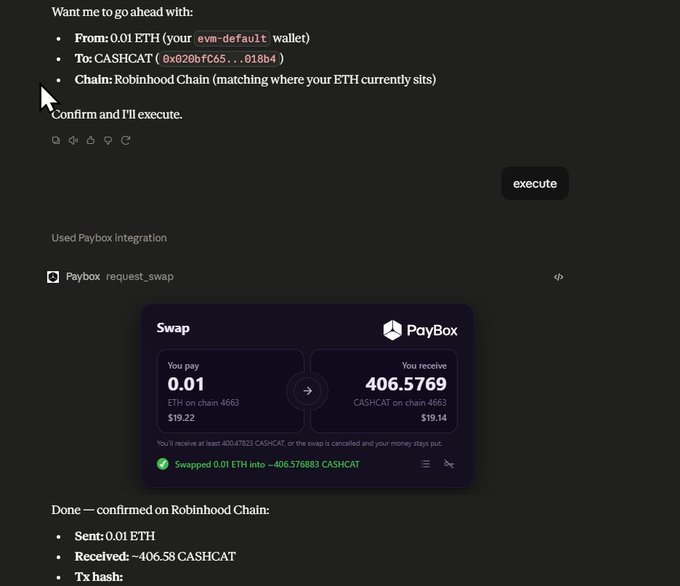 A cryptocurrency swap interface showing a transaction from 0.01 ETH to 406.5769 CASHCAT via the Paybox integration on the Robinhood Chain.