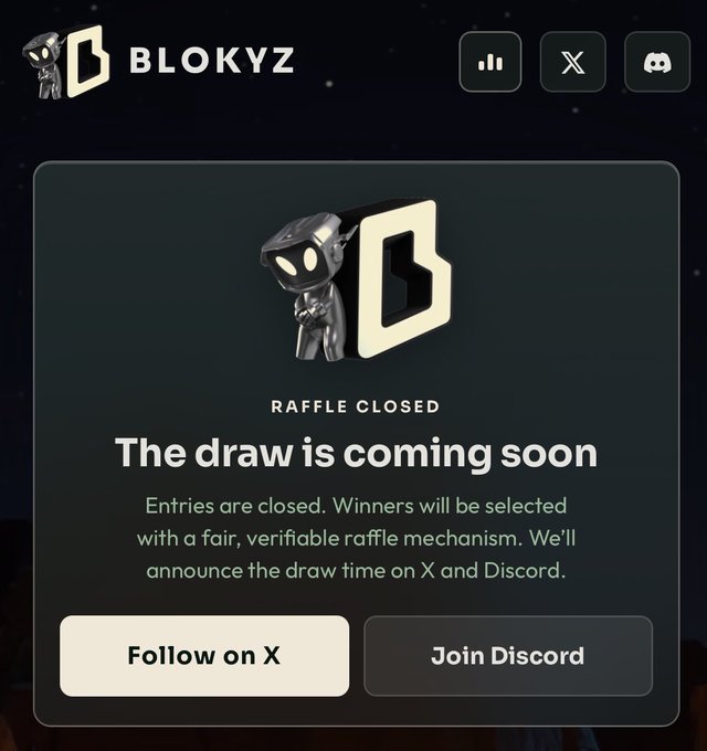 The image shows a Blokyz raffle closed screen featuring the Blokyz mascot and logo, with text stating "RAFFLE CLOSED - The draw is coming soon. Entries are closed. Winners will be selected with a fair, verifiable raffle mechanism. We'll announce the draw time on X and Discord," along with buttons to "Follow on X" and "Join Discord." This relates to the post as it confirms the Blokyz (associated with @quipnetwork) raffle has officially closed, matching the author's hopeful wait for the upcoming draw result.