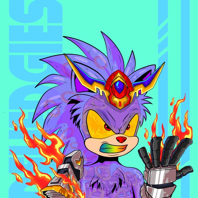 A stylized illustration of a purple anthropomorphic hedgehog with spiky fur, wearing a golden crown and metallic gauntlets, with flames swirling around his hands, set against a cyan background with partial "S!" and vertical stripe text — referencing the "Hedgies" NFT collection from the post announcing that the mint is now live on OpenSea.