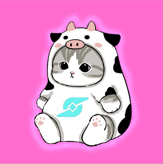 A cute illustration of a gray tabby cat wearing a black-and-white cow-patterned onesie with a pig snout hood, set against a bright pink background.
