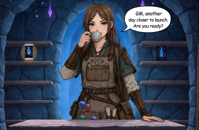 An anime-style illustration of a brown-haired female alchemist in a fantasy workshop holding a teacup, with a speech bubble saying 'GM, another day closer to launch. Are you ready?'
