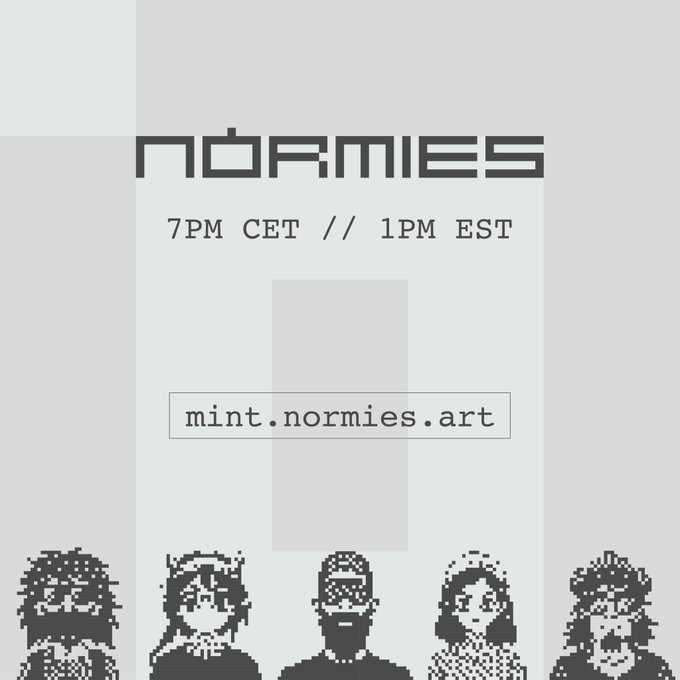 A promotional graphic for 'NORMIES' NFT minting at mint.normies.art, scheduled for 7PM CET / 1PM EST, featuring pixel-art character portraits at the bottom.