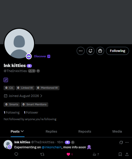 A X/Twitter profile for 'Ink kitties' (@TheInkkitties) with a Discover badge, showing 0 CA, 0 Linked W, 0 Mentioned W, joined August 2026, 1 Following and 1 Follower, with their only post reading 'Experimenting on @inkonchain, more info soon 🔍'