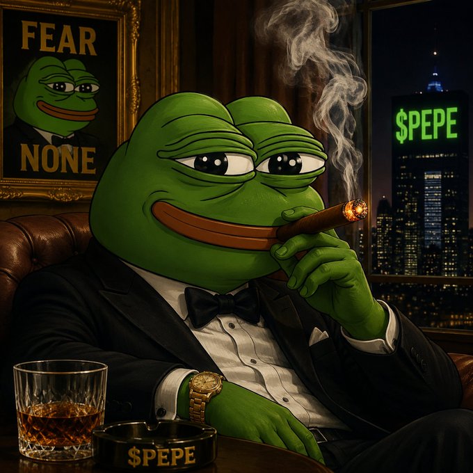 An anthropomorphic Pepe the Frog in a tuxedo smokes a cigar and sips whiskey beside a "$PEPE" ashtray and a "FEAR NONE" portrait, with a glowing $PEPE neon sign in the city skyline behind him. The image aligns with the post's bullish "$PEPE 1.2B" market cap call, using Pepe's "Fear None" attitude to celebrate the token's milestone and frame the entire portfolio of $CASHCAT, $ANSEM, $PEPE, ETH, and SOLANA as a winning bet.