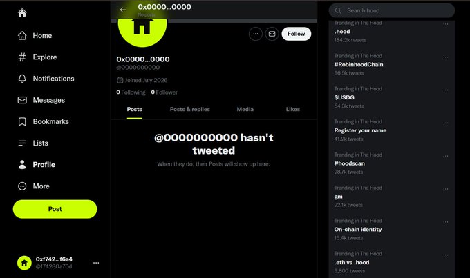 A Twitter/X profile page for user @0000000000 (username '0x0000...0000') who has joined July 2026 with 0 following and 0 followers, and hasn't tweeted yet. The trending sidebar shows topics like #RobinhoodChain, $USDG, and #hoodscan.