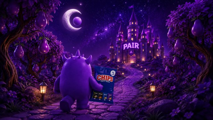 A purple monster with horns carries a bag of "CHIPS CRISPY PORK" toward a glowing "PAIR" castle under a starry crescent moon, fitting the whimsical "Welcome to the Wonderland" theme with its fantastical, dreamlike purple landscape.