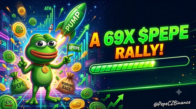 A vibrant crypto meme promotional graphic featuring a cartoon Pepe the Frog character with a rocket labeled 'PUMP', displaying text 'A 69X $PEPE RALLY!' and the handle '@PepeCZbinance'.
