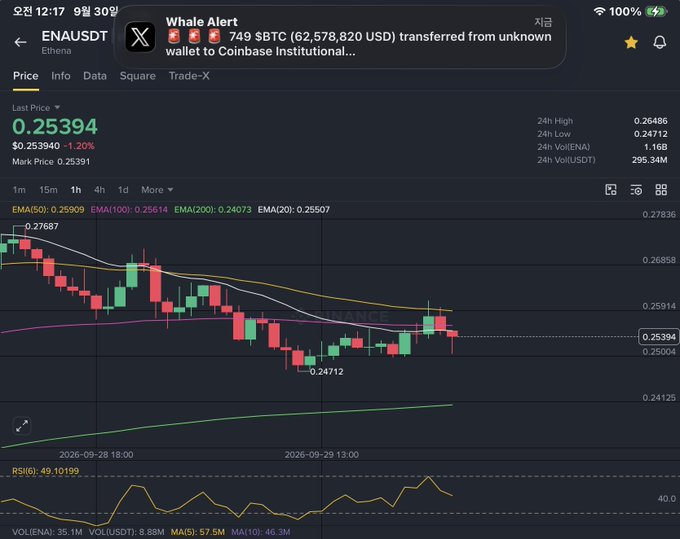 A crypto trading chart on a mobile app showing the ENAUSDT (Ethena) pair at $0.25394, with a Whale Alert notification at the top indicating '749 $BTC (62,578,820 USD) transferred from unknown wallet to Coinbase Institutional...'