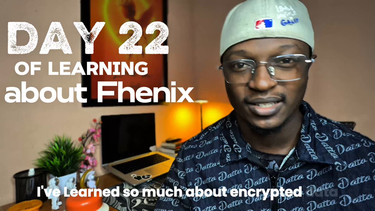 The image features a man wearing glasses, sitting next to a laptop computer with an orange cup nearby. The man appears to be smiling for the camera while posing for the photo. The caption below the image reads "day 22 of learning about @fhenix can anyone solve my problem at the end of the video". This suggests that the man is sharing his thoughts and experiences related to the topic of learning about @fhenix, possibly discussing a specific project or challenge he has encountered in his studies.
