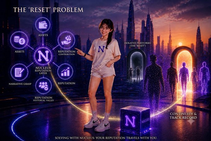 A promotional graphic titled 'THE 'RESET' PROBLEM' featuring a woman pointing to a diagram about 'NUCLEUS REPUTATION LAYER,' with text reading 'SOLVING WITH NUCLEUS: YOUR REPUTATION TRAVELS WITH YOU.'