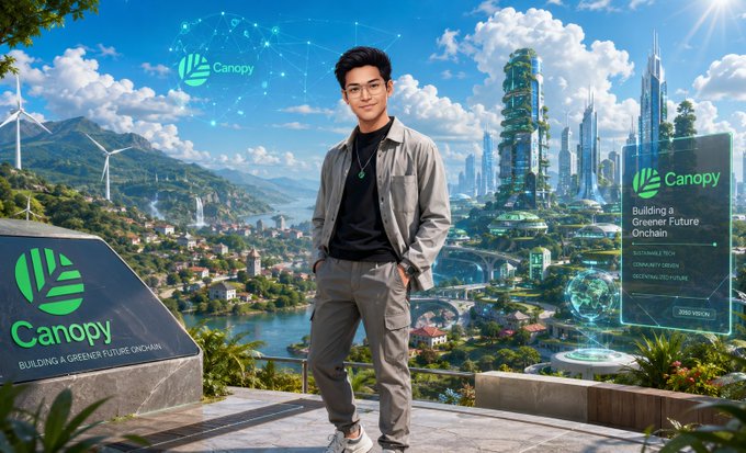 A young man stands confidently in front of a futuristic, eco-friendly cityscape featuring advanced architecture and wind turbines, with 'Canopy' branding displaying 'Building a Greener Future Onchain' on both signs.