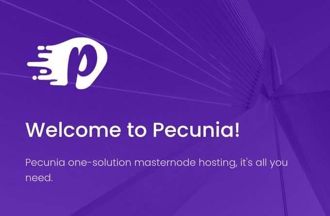 A purple promotional graphic with a stylized 'P' logo and the text 'Welcome to Pecunia! Pecunia one-solution masternode hosting, it's all you need.'