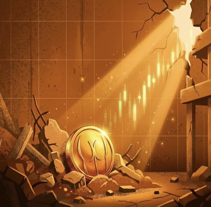 An artistic illustration of a gold XRP cryptocurrency coin resting in rubble, with a beam of light shining down and candlestick chart elements floating in the background.