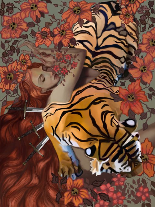 An artistic digital painting featuring a red-haired woman with closed eyes surrounded by orange flowers and a tiger, all set against a dark green floral background.