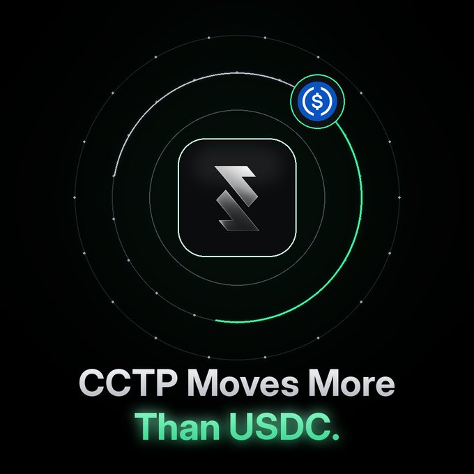 A cryptocurrency promotional graphic on a black backdrop featuring the CCTP logo with a green orbital ring and USDC icon, advertising "CCTP Moves More Than USDC."