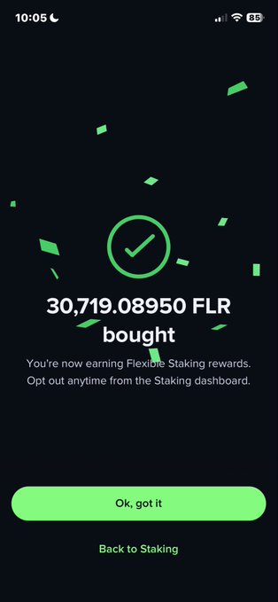 A Flare Networks (FLR) app confirmation screen showing a successful purchase of 30,719.08950 FLR, with the message "You're now earning Flexible Staking rewards." The image illustrates the post's message of taking control through staking XRPFI on the Flare network.
