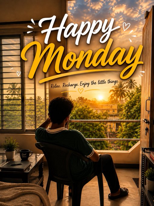 A 'Happy Monday' graphic with the text 'Relax. Recharge. Enjoy the little things.' overlaid on an image of a man sitting by a window overlooking a sunset.