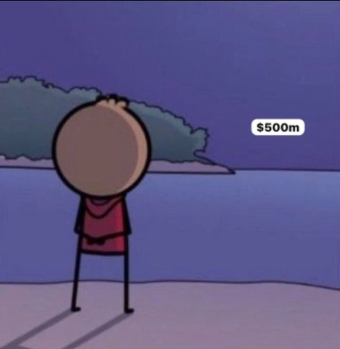 A cartoon figure stands facing the ocean with a speech bubble reading "$500m," symbolizing a bold financial aspiration. The image reinforces the post's message of maintaining a $500 million target as a goal for the new week.