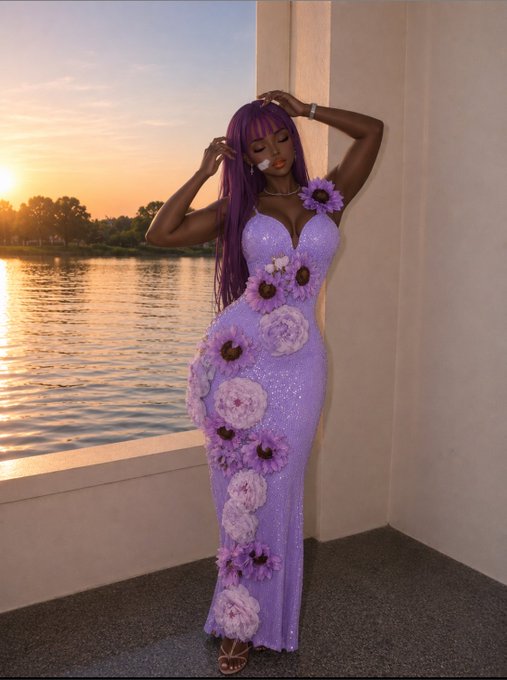 A woman with long purple hair poses in a lavender sequined gown adorned with purple flowers, standing by a window at sunset overlooking a body of water.