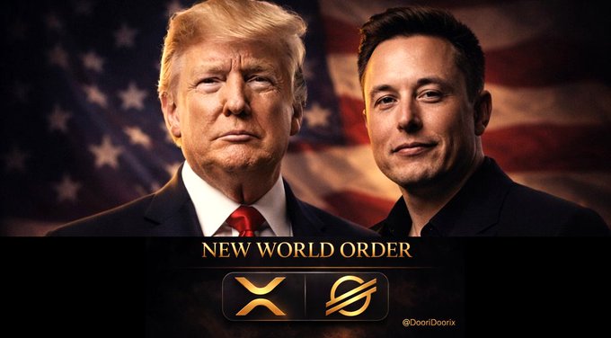 This image depicts Donald Trump and Elon Musk with the text "NEW WORLD ORDER" and logos for XRP and Stellar (XLM), possibly alluding to their involvement in digital asset ventures as mentioned in the post. The post claims Trump made $1.4 billion from his crypto ventures while investors lost $4.7 billion.