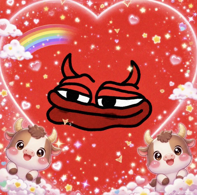 A red heart-shaped graphic with a rainbow, clouds, stars, and two cute cartoon cows at the bottom corners, featuring a devilish grinning red face meme in the center.