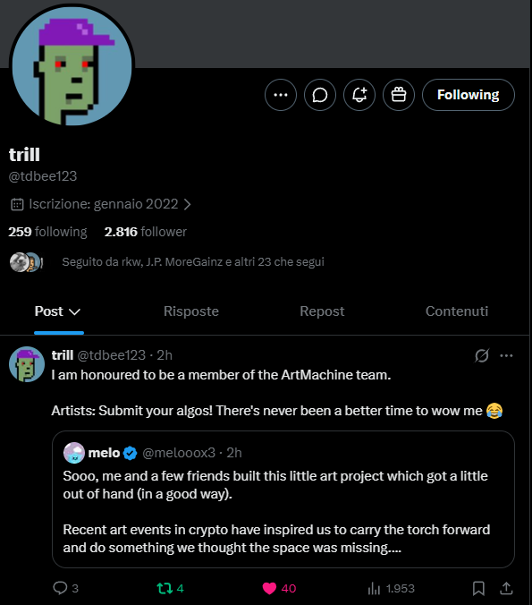 A Twitter/X profile for user 'trill' (@tdbee123) showing a tweet announcing they joined the ArtMachine team and encouraging artists to submit their algorithms.