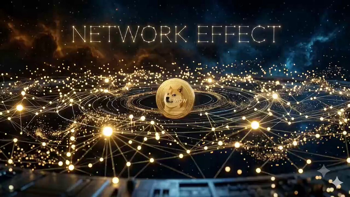 The image shows a gold coin with a dog face floating among a cluster of stars. A caption underneath reads "Network effect", indicating that this might be related to cryptocurrency or network technology.