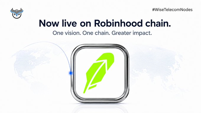 A promotional graphic for WiseTelecomNodes featuring a green leaf icon and text reading 'Now live on Robinhood chain. One vision. One chain. Greater impact.' alongside a faint world map.