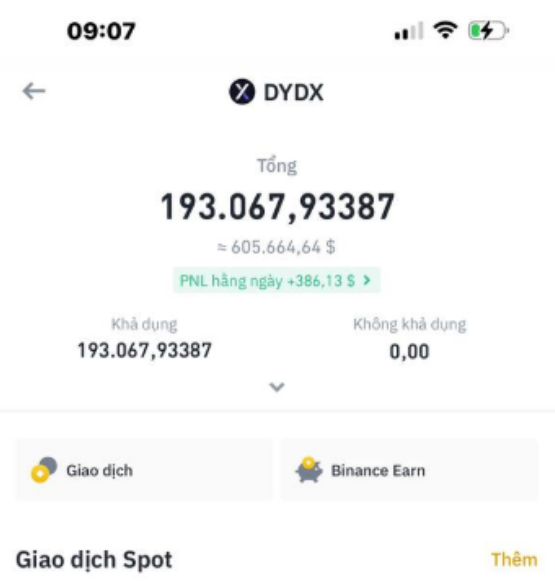 A mobile Binance app screenshot in Vietnamese showing DYDX token total balance of 193.067,93387 (≈ $605,664.64), with daily PNL of +$386.13, spot trading and Binance Earn options visible.