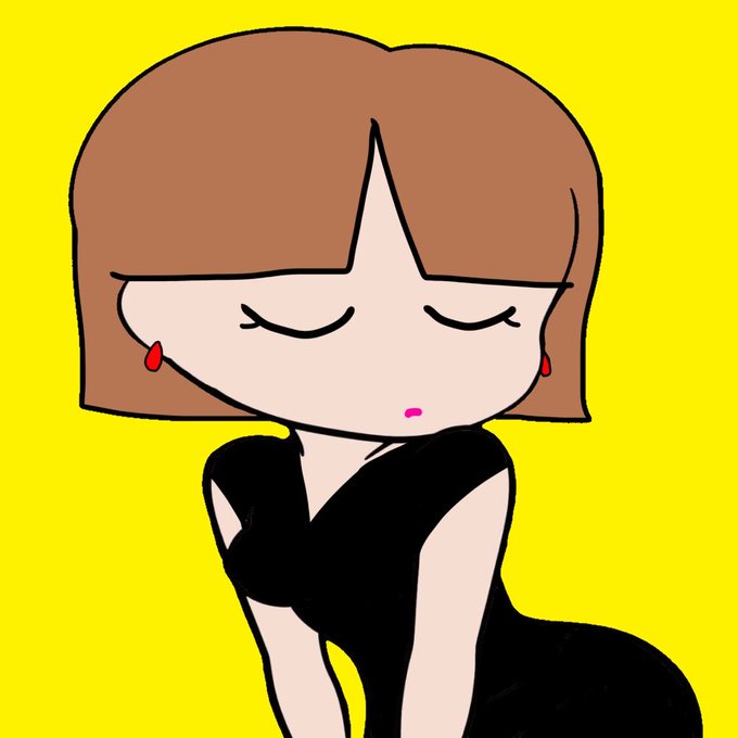 A simple cartoon drawing of a woman with brown hair and red earrings, eyes closed and mouth slightly open, wearing a black dress against a bright yellow background.