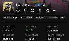 The image shows a dark-themed NFT minting page for a collection titled "Satori Must Die" featuring cosmic/space-themed artwork. The page displays collection stats including a floor price of 0.06 ETH, 1D floor change of -3.86%, and top offer of 0.07 ETH, with sales volume of 138.75 ETH—visualizing the market metrics for the project the post references regarding its floor price and mint price update.