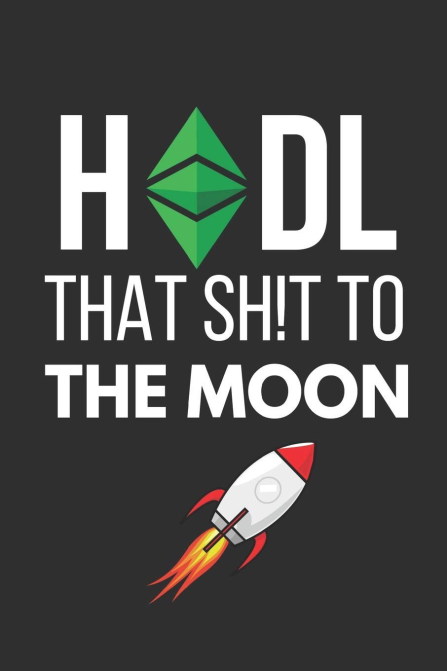 A black-background graphic reading 'HODL THAT SH!T TO THE MOON' in white text, with the 'O' replaced by the green Ethereum diamond logo and a pixel-art rocket ship blasting off with orange flames below.