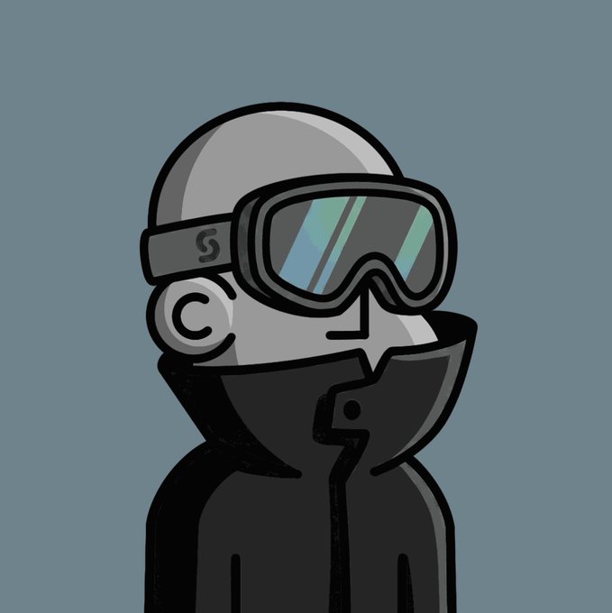 A cartoon illustration of a person in a black jacket and ski mask wearing large grey goggles, set against a plain blue background.