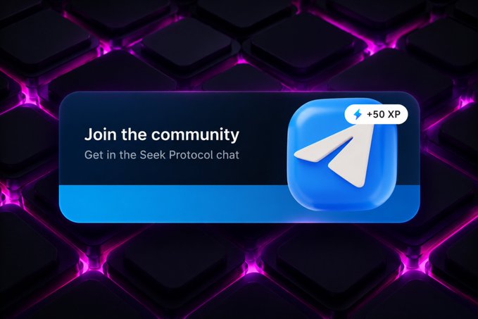A promotional banner reading 'Join the community - Get in the Geek Protocol chat' with a Telegram logo and '+50 XP' badge on a dark purple keyboard background.