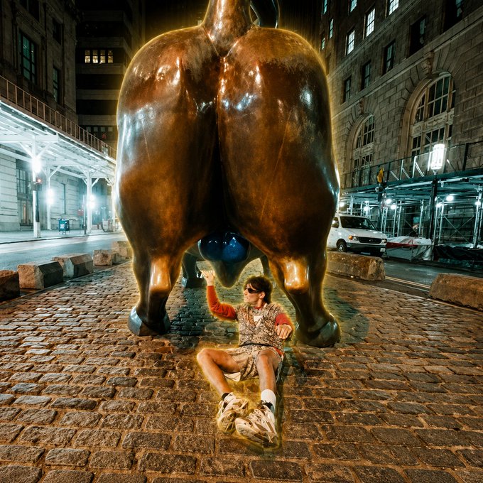 The image captures a surreal, digitally-altered photo of a person sitting on cobblestones between the hindquarters of the iconic Charging Bull statue on Wall Street at night, humorously illustrating the suggested "WSB - Operation Blue Balls" meme, where "WSB" stands for Wall Street Bull.