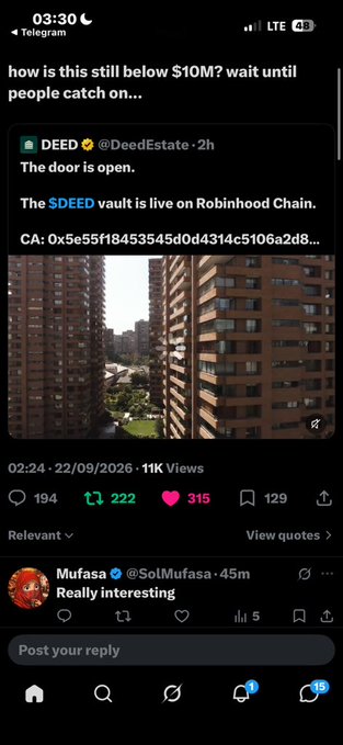 A screenshot of a post on X (formerly Twitter) about the $DEED token on Robinhood Chain, with text 'how is this still below $10M? wait until people catch on...' and a contract address visible.