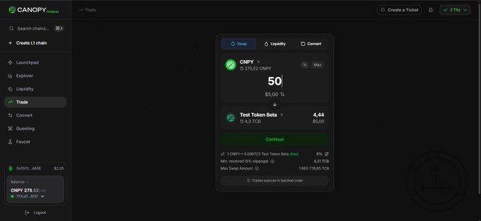 The image shows a screenshot of a website called Canopy fam, which appears to be a testnet for trading tokens. The main focus of the image is a screen displaying information about the trading token market, including details such as the number of tokens available, their prices, and the time remaining before they expire. This information can help users understand the current state of the token market and make informed decisions about buying or selling tokens.